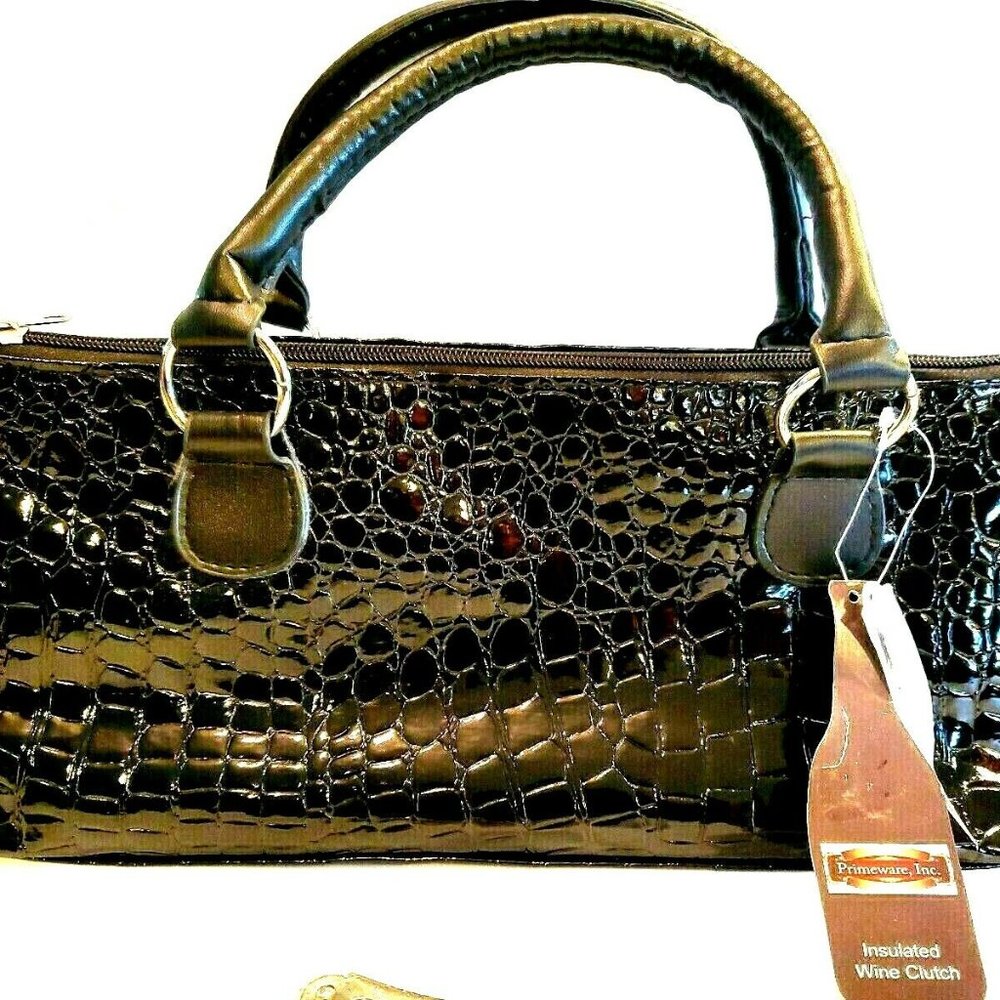 Primewear Wine Clutch Purse Insulated Thermal Zip Bag Black Croc & Corkscrew